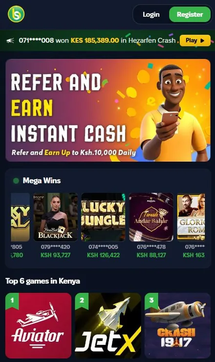 Spurbets homepage on a phone with the Refer and Earn banner and Top 6 games in Kenya