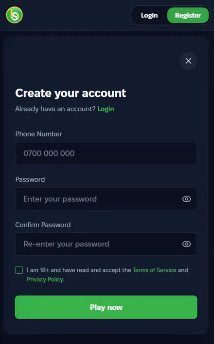 Spurbets Create your account form with phone number and password fields
